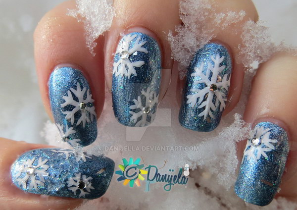 Blue Nails with White Snowflkes 