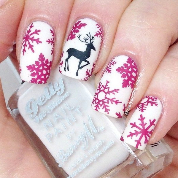Pink Snowflakes and Black Reindeer Accent Nail Art 