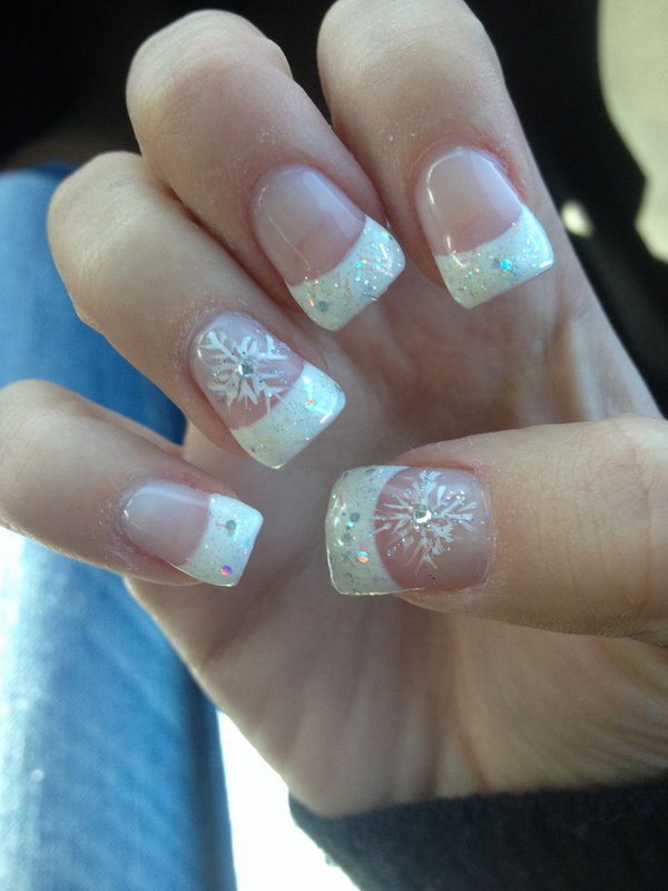 Acrylic Sparkle French Tips with Snowflake Nail Art 