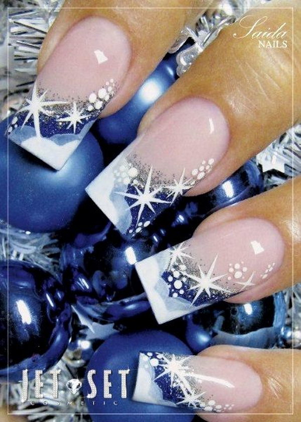 Blue Sparkle Tips Christmas Nail Art 
