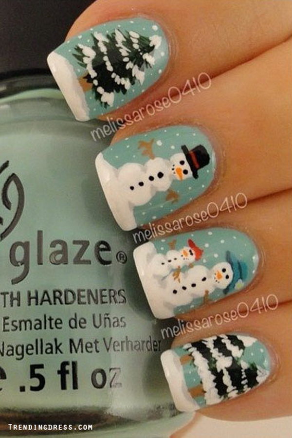 Winter Nail Art with Snowman and Trees. 