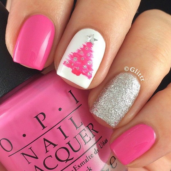 Silver and Pink Glittery Christmas Tree Nails 