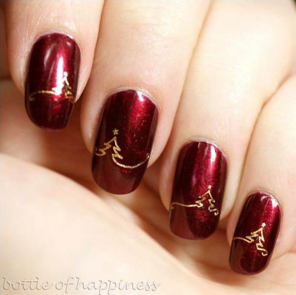 Red Holiday Manicures with Gold Christmas Tree Accents 