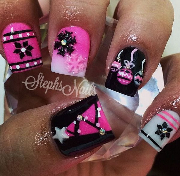Pink White and Black Festive Nails 