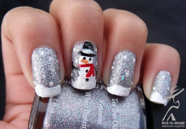 Glittery Silver Snowman Nail Art 