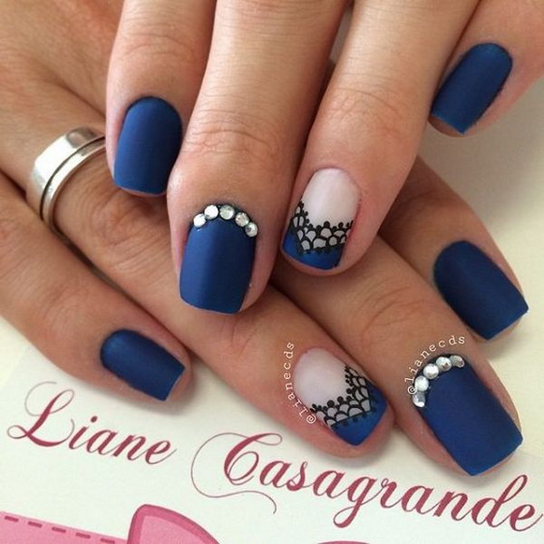 Midenight Blue Matte Nails with Lace Details and Silver Beads On Top. 
