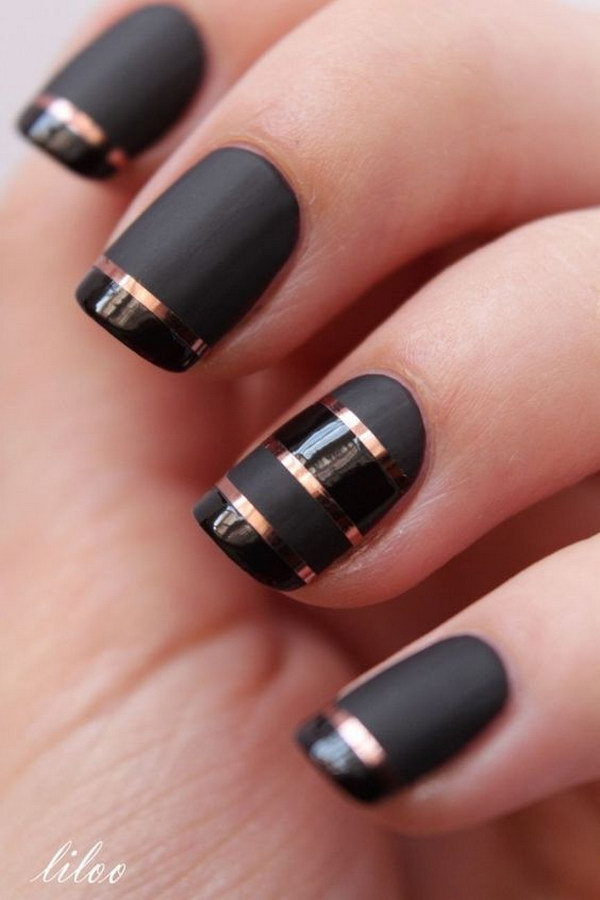 Black Matte Nails with Rose Gold Strips for Detail. 