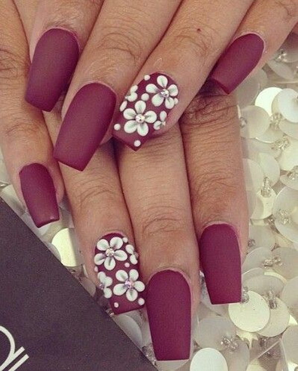 Burgundy Matte Nails with White Flowers. 