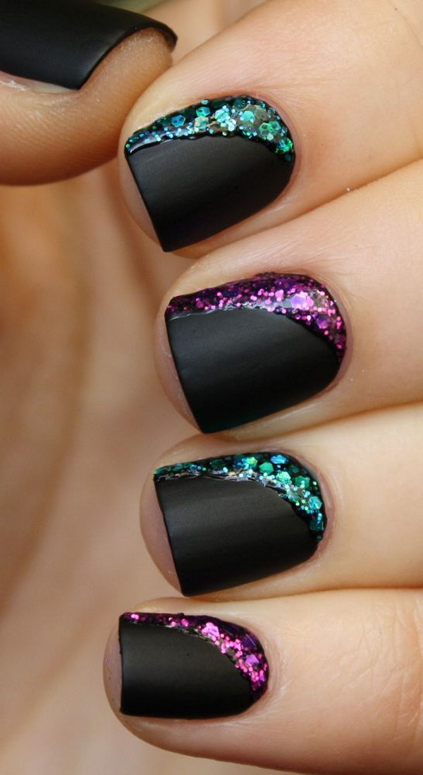 Matte Black Short Nail Design with Colorful Glitters. 