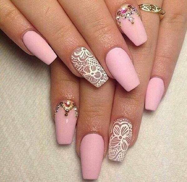 Pink Matte Nails with White Lace Accent. 