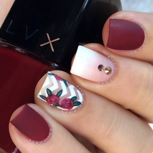 Burgundy Red, Matte Nails with Double Rhinestones, Chevron and Roses. 