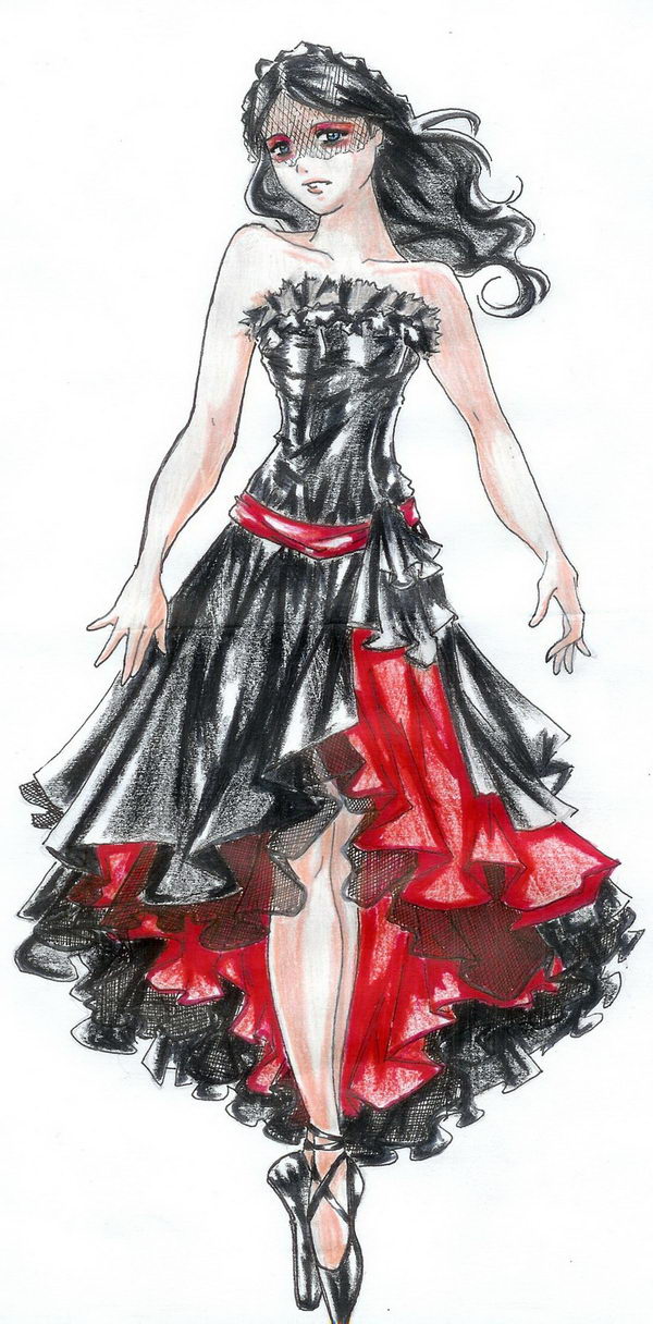 Black and Red Dress Fashion Sketch. 