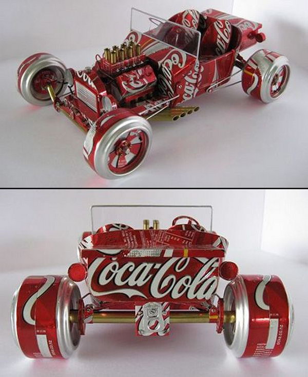 Miniature cars from aluminum cans. After drinking soda from aluminum cans, you can recycle your soda cans to create interesting projects instead of tossing the empty cans into the garbage or recycling bin. 