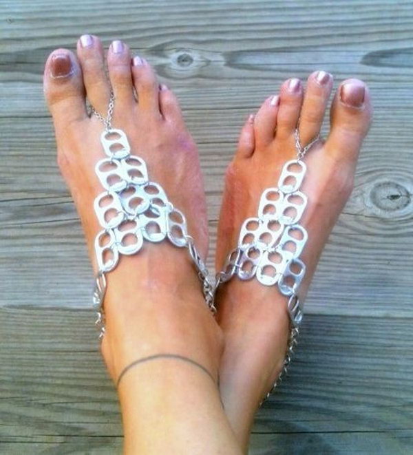 Recycled pop tab barefoot sandals. After drinking soda from aluminum cans, you can recycle your soda cans to create interesting projects instead of tossing the empty cans into the garbage or recycling bin. 