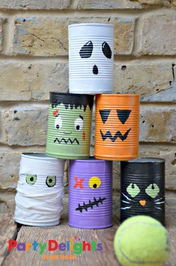 Halloween tin can bowling. Tin cans are not just for stacking up in your cabinet, tossing in the trash or sending to the recycle bin. Combine those with a rope, paints, craft papers and a generous helping of crazy imagination, and you will have a cool creation on your hands. 