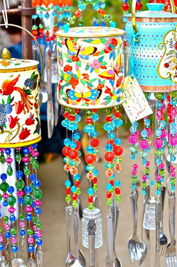 Wind chimes made from cans. Tin cans are not just for stacking up in your cabinet, tossing in the trash or sending to the recycle bin. Combine those with a rope, paints, craft papers and a generous helping of crazy imagination, and you will have a cool creation on your hands. 