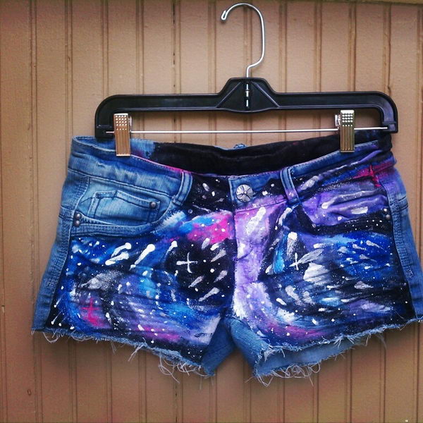 Galaxy Shorts Painting. Decorate your old shorts with colored ropes, wire, buttons or zippers, denim, sequins, silk and lace and what ever you like. It is fun and inspiring to make some creative shorts for yourself. 