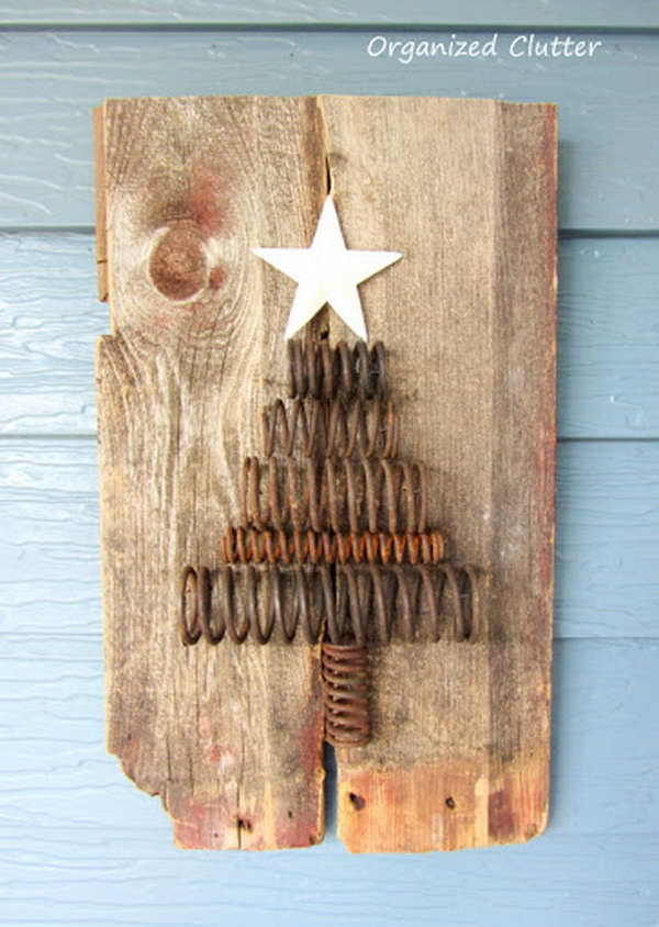 Christmas Tree Craft Made From Rusty Bed Spring and reclaimed wood, 