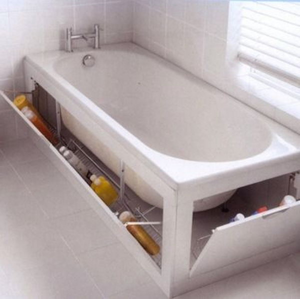 The built in cabnet surrounding this tub provides enough space for extra cleaning sponges, shampoo, and soap. 
