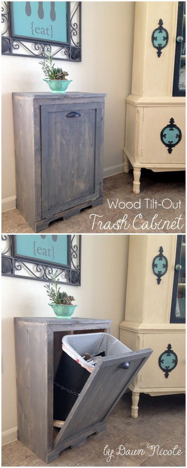 Hide your trash can in style with this tilt open door cabinet. 