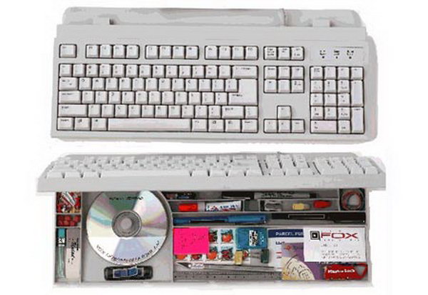 This hollow computer keyboard provides a good place to store little items. 