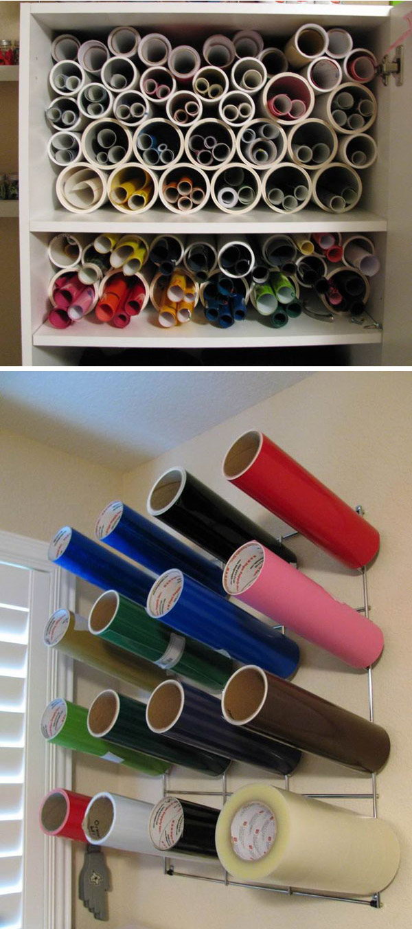 Cut PVC pipe to hold vinyl and paper rolls. This is a cheap and easy way to store vinyl and wrapping paper to keep it from getting wrinkled or damaged. 