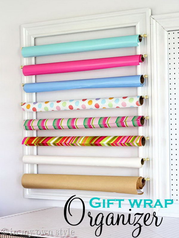 Make a gift wrap organizer with frames and curtain rods. It looks like a piece of art itself hanging on the wall. 