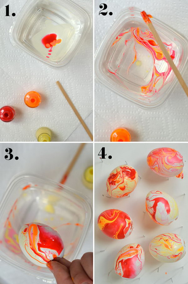 DIY this beautiful Eeaster egg with charming colors from nail polish. Pour nail polish into water, swirl around and then dip the egg. The most important and fantastic thing is choosing your favorite nail polish combination colors. 