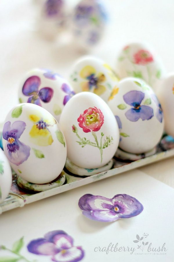 DIY Watercolor Easter Eggs. Display the sweet seasonal look by simply paint some colorful flowers for the adorable eggs. Do these springtime inspirations with your imagination. 