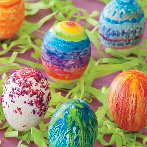 Melted Crayon Easter Eggs. Shave your half used crayons into tiny parts and sprinkle on hot boiled eggs. You are definitely creating the impressionist painting of your original ideas. 