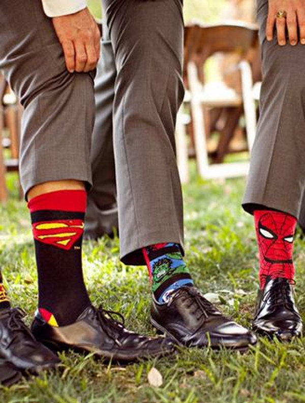 Super Hero Socks for Groomsmen. Let your groom bring his love of superheros to the wedding and gifted his groomsmen with superhero socks for the big day. 