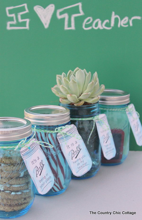 Mason Jars. Just buy a few pretty jars and put your gifts like cookies, candies or school supplies in the jar. Then tie some fun lables to the jars and you get beautiful presents to thank your teachers. 