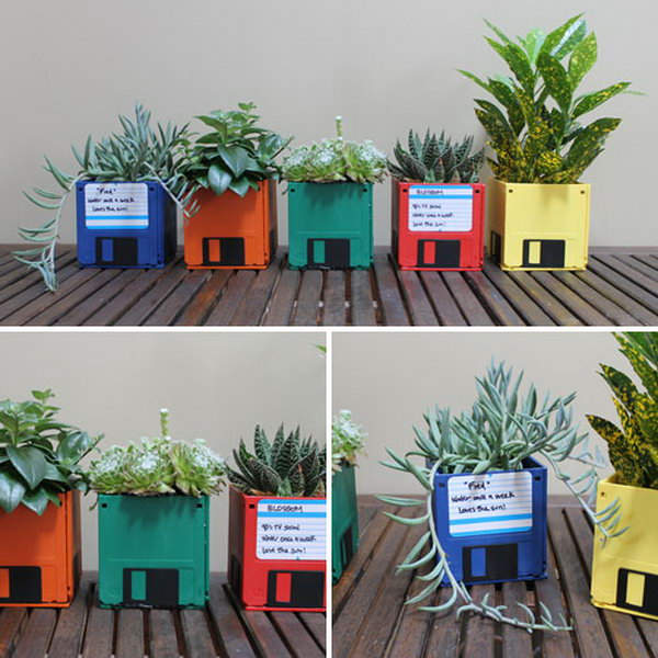 DIY Floppy Disk Planters. It is very environment friendly to make floppy disk planters out of old floppy disks. And these handmade planters make a wonderful birthday present for a flower lover. 