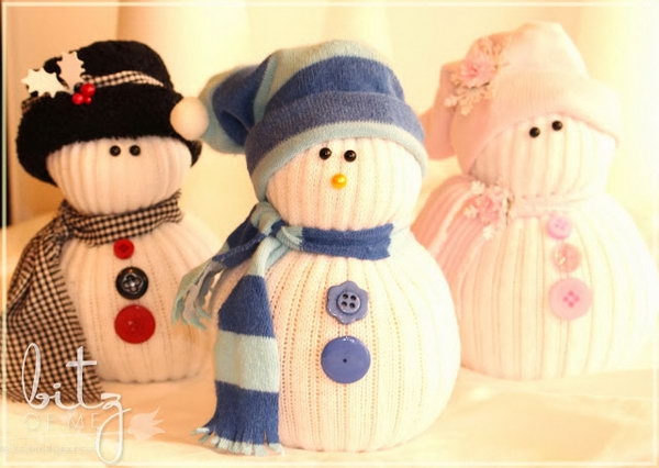 Sock Snowman. A cute sock snowman makes an awesome present for your girl friends. Recycle your old socks and buttons to create a unique sock snowman for them. 