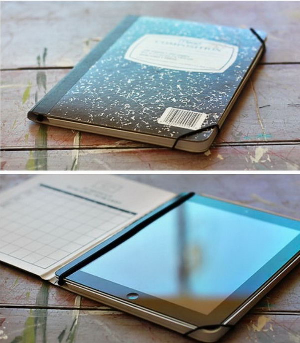 Notebook ipad case. iPad case can be a little more expensive. Here is an easy way to make an inexpensive iPad case out of an old notebook. Get detail instructions here. 