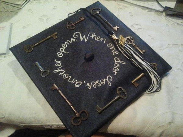The Key to Success Graduation Cap. Personalize your graduate cap with something unique to brighten the crowd's eyes. Add some metal keys in various designs on the square cap made of cloth. 