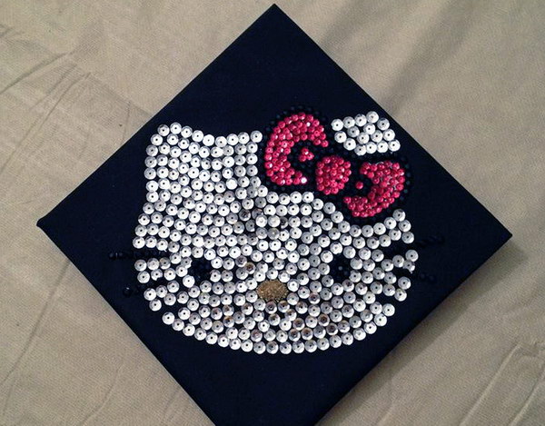 Hello Kitty Graduation Cap. Little girls must adore this cute hello kitty graduation cap. Lay out sequins in a hello kitty design and use threads to secure it. 