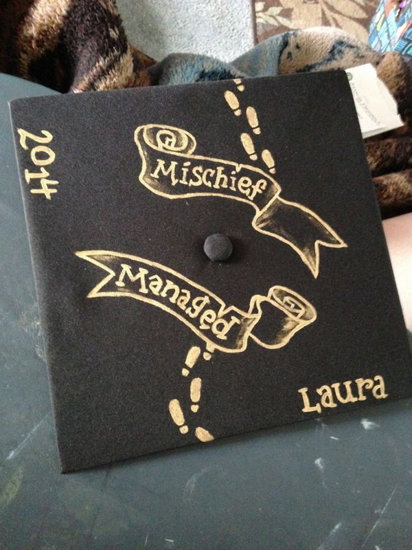 Hand Painted Graduation Cap. Get boring about too many decorations, you can create this simple graduation cap with metallic gold painting for the characteristic design as you like. 