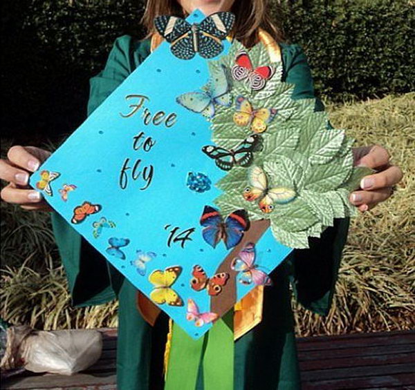Flying Butterflies Graduation Cap.  I can't believe my eyes for the stunning beauty of this cap with colorful butterflies in various patterns and green sparkling grass. It combines the natural elements into the intricate layout of the graduation cap. 