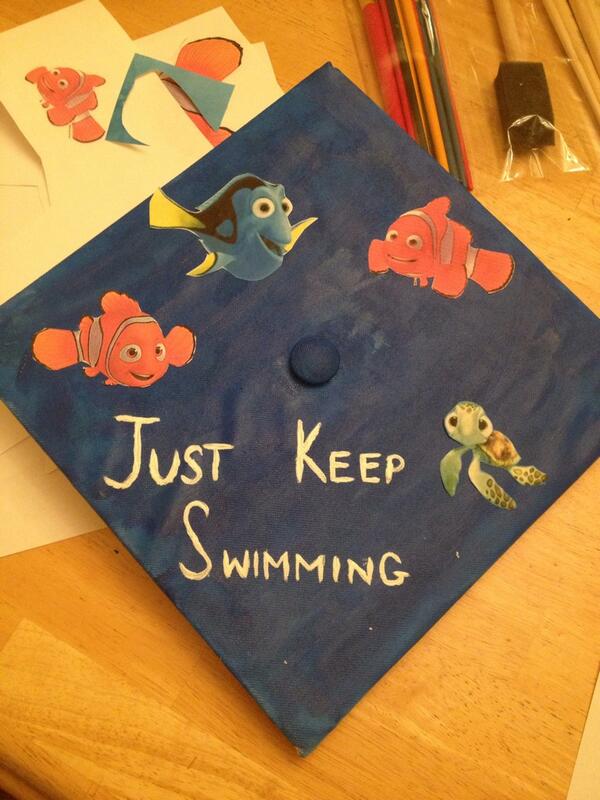 Just Keep Swimming Graduation Cap. Encourage the graduate with this funny graduation cap. It's time to display your drawing skills. Cover the cap board with a funny painting with lively fish on it. 