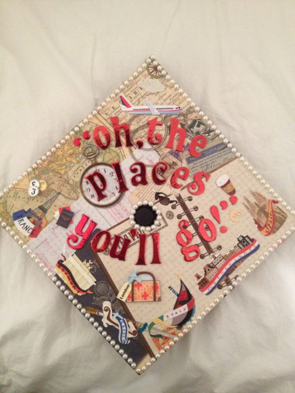 Graduation Cap Decoration. Design this stunning graduation cap with shining alphabet characters as well as classy paintings with various vehicles as well as pearl decor around the rim as well as the central part. 