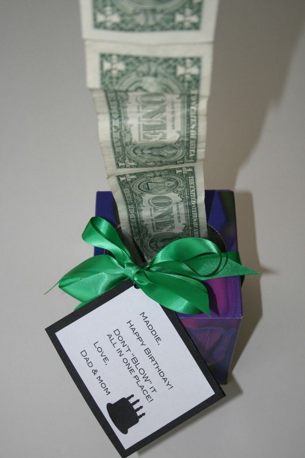 Unique Money Graduation Gift. Tape bills together and roll inside. Attach a card with funny wording to creative a funny way to send gift with cash to graduates to celebrate their achievements. 