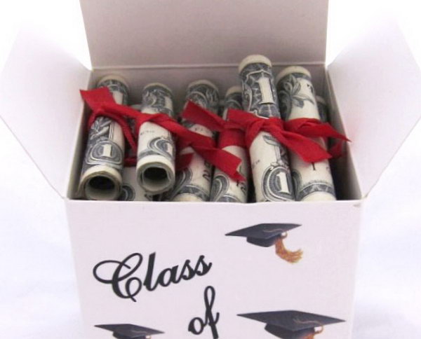 Cash Diplomas. Roll up cash bills, tie them with a ribbon and place them in a huge gift box. You can use graduation cap stickers to coordinate with the graduation theme perfectly. 