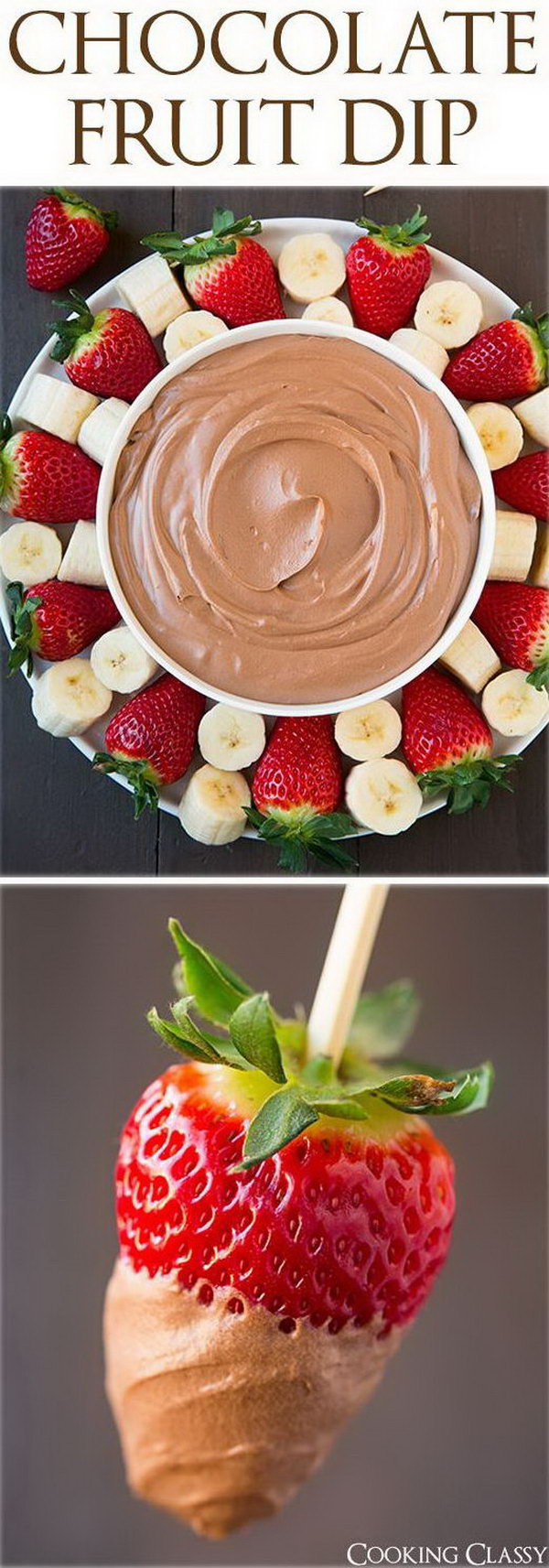 Chocolate Fruit Dip. Use electric hand mixer to whip cream, powder sugar, cocoa powder and cream cheese for good complement to dip bananas and strawberries for a sweet creamy flavor. It can't be better to celebrate your kid's birthday party. 