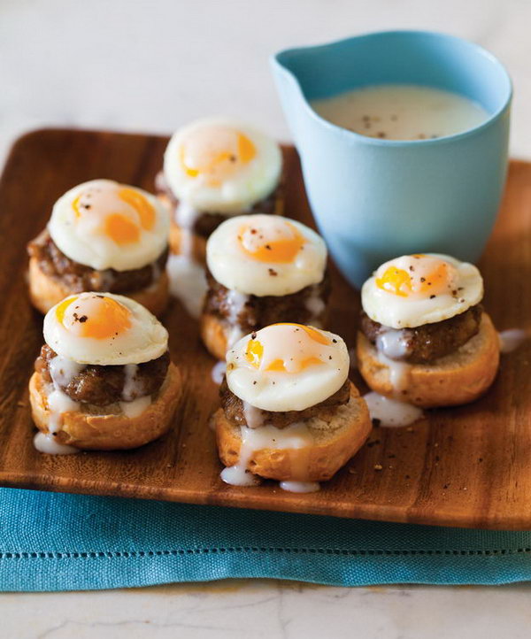 Tiny Eggs Benedict. Slice each biscuit, place a sausage coin over it and top with a sunny side up quail egg. Add some ingredients for delicious flavor. This adorable appetizer may be perfect for a kid's birthday party. 