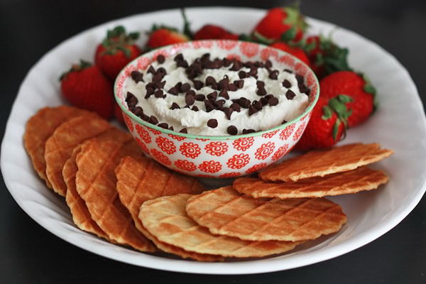 Cannoli Dip. Mix ricotta, yogurt, powered sugar, vanilla. Fold in chocolate chips and reserve some sprinkles on top. Place them in a bow. Serve this together with sweet cookies and flesh strawberries to treat your guests. 