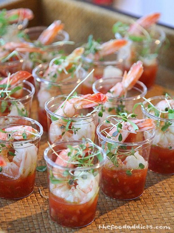 Individual Shrimp Cocktails. Create your favourite cocktail shrimp with amazing look by putting cooked shrimps in the shot glasses to impress your guests with a fresh flavor to celebrate the cocktail party. 