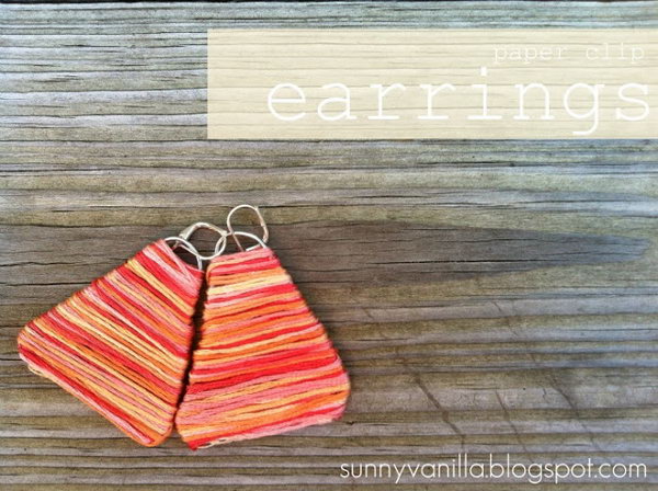 Paper Clip Earrings. Unfold your paperclip, secure ends together, glue and keep the floss in place. You'll get this stunning earrings in bright color with little budget. 