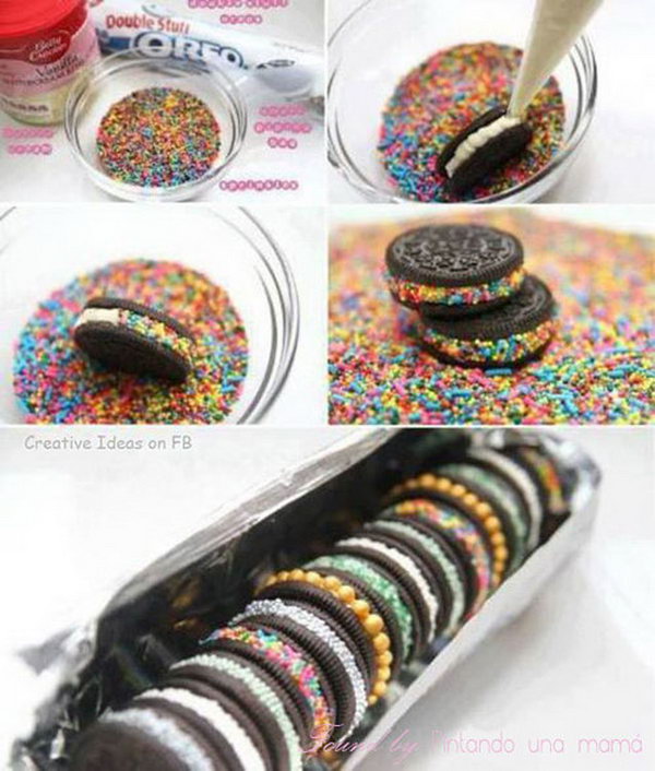 Embellished Oreos. Apply the cream around the biscuit with icing bag, add colorful sprinkles for beautiful decor. Your friend must adore this package embellished Oreos. It's cheap yet it has great flavor in beautiful design. 