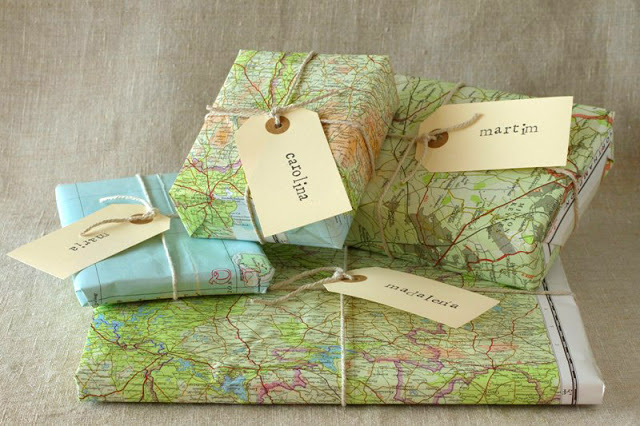Vintage Map Packaging. Wrap up your gifts with vintage map. Tie the string and mark the coordinated labels to finish off your eye catching package for your gift in this vintage style. 